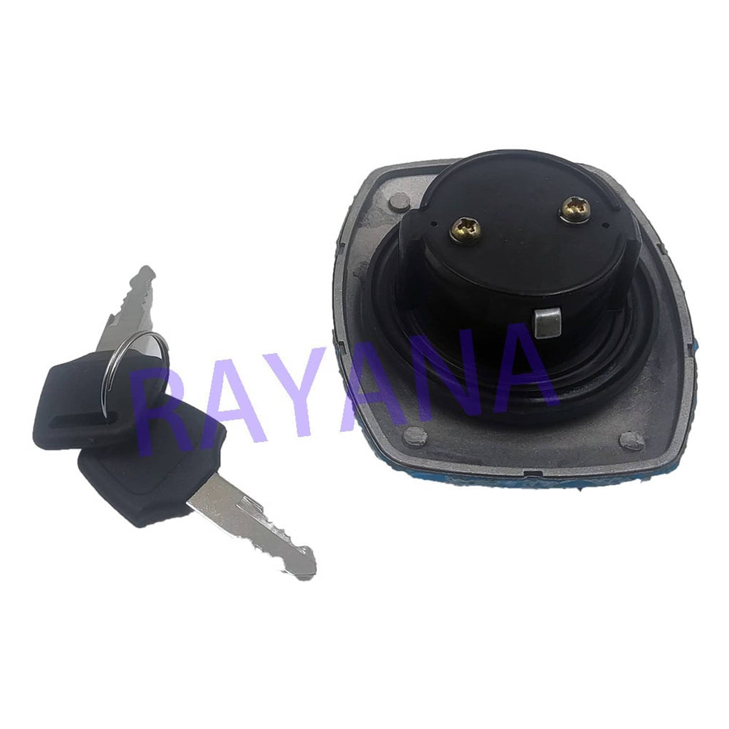 Fuel tank cap underside with black cap and mounting base, with two keys