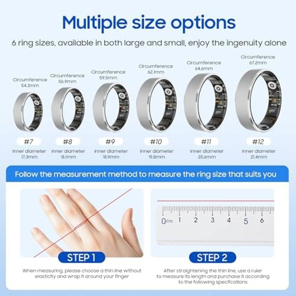 Smart ring size chart with ring circumference labels and hand measurement guide