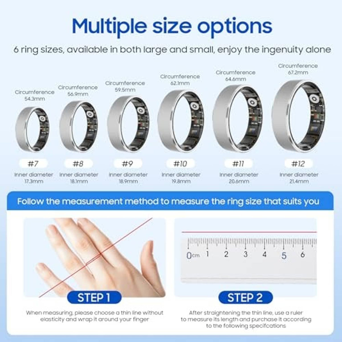 Smart ring size chart with ring circumference labels and hand measurement guide