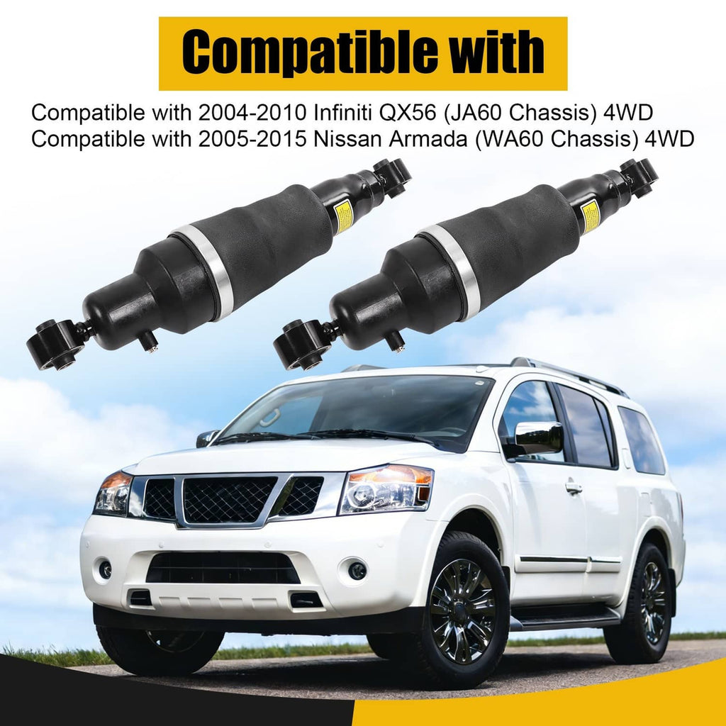 Pair of black rear air suspension shock struts with yellow warning labels and end mounts