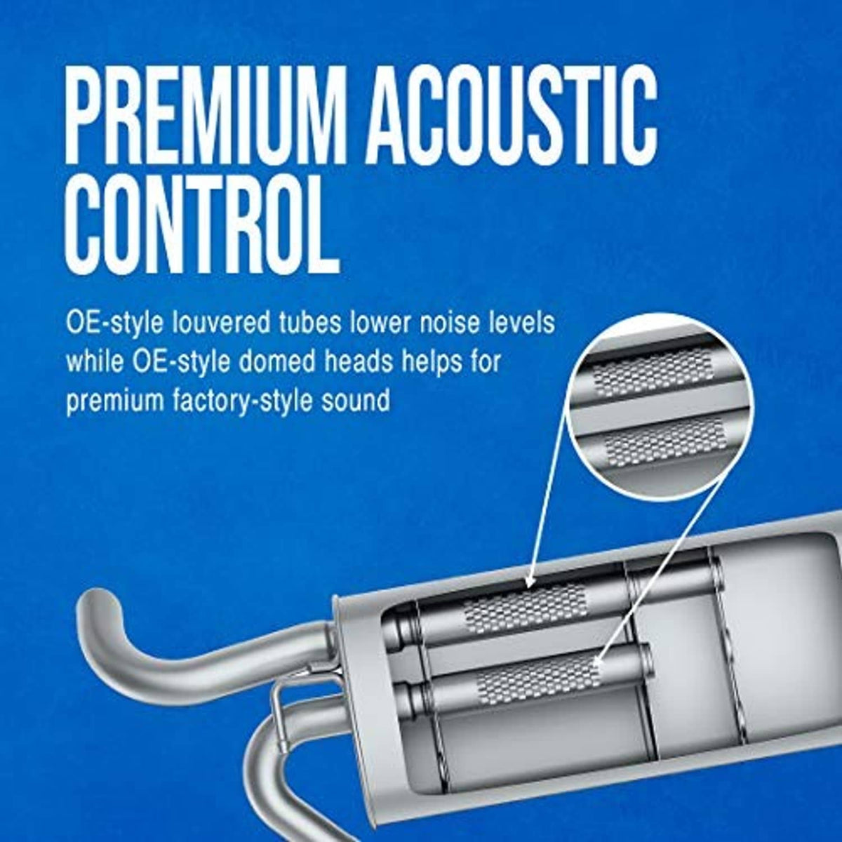 Stainless steel muffler with internal baffle sections and outlet pipe connection.