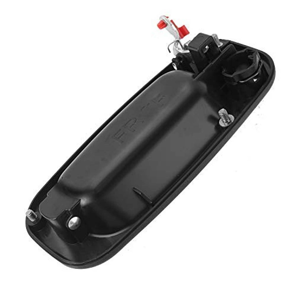 Exterior door handle base, black housing with screw posts and red clip