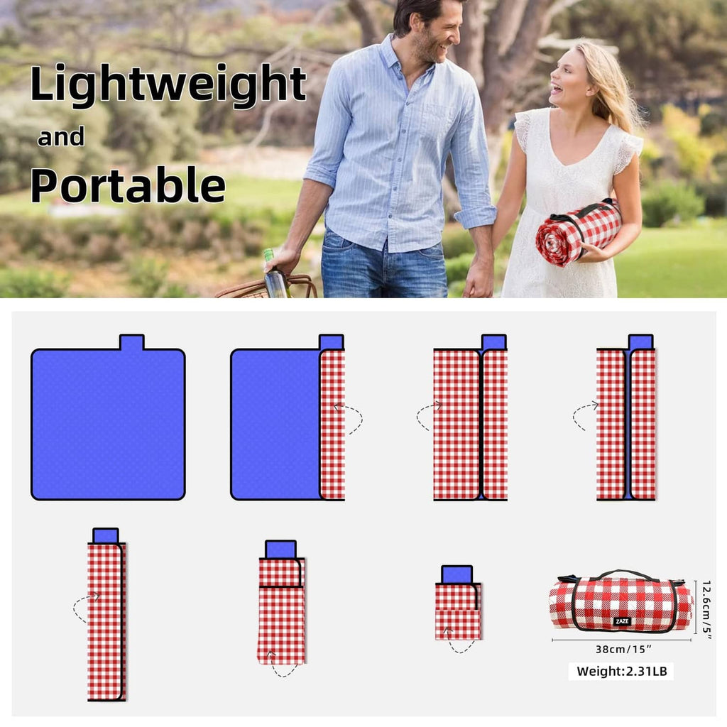 Red and white checkered picnic blanket portability and folding size diagram