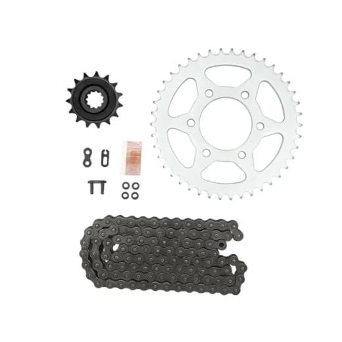 Motorcycle sprocket kit set: front sprocket, rear sprocket, drive chain, bolts and pins