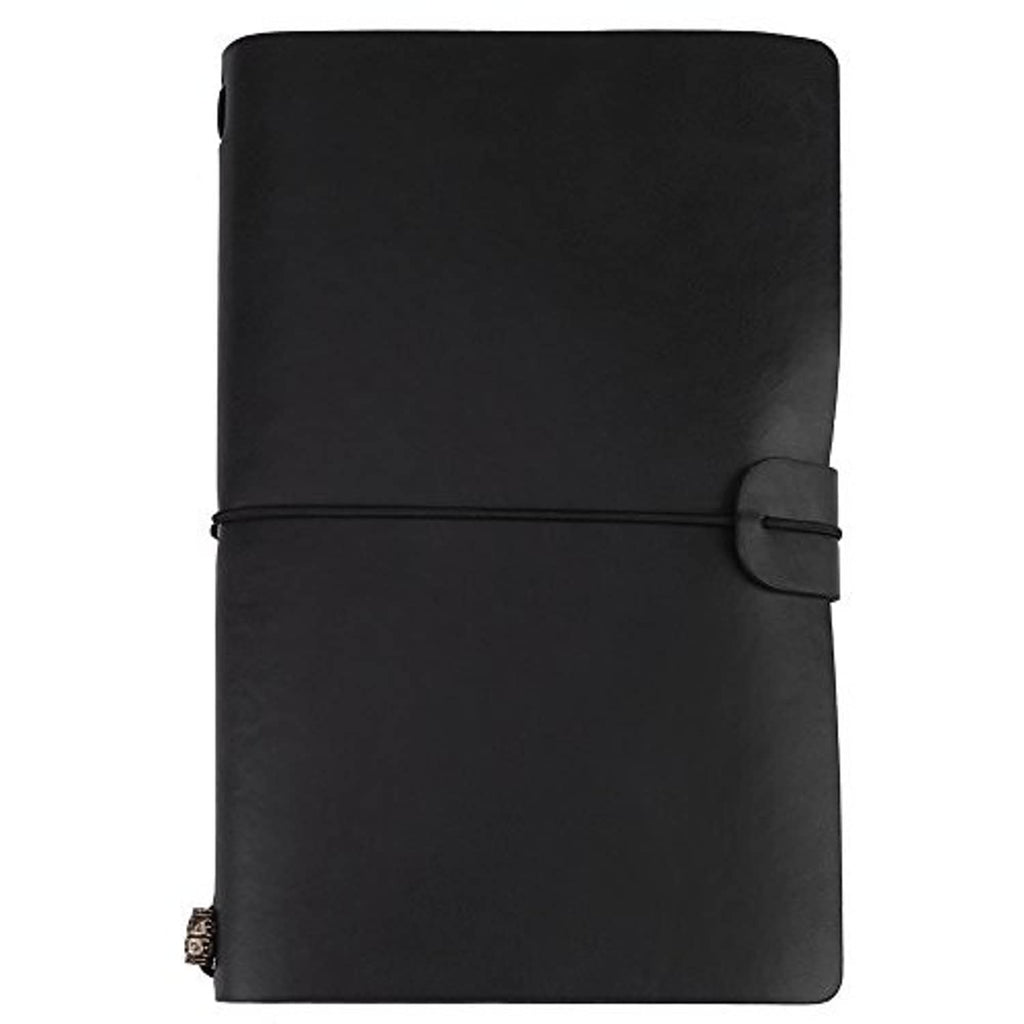 Black PU leather journal notebook with wraparound buckle strap, front view