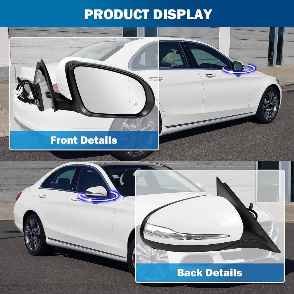Right-side mirror with heated glass, turn-signal lens, and folded housing on car