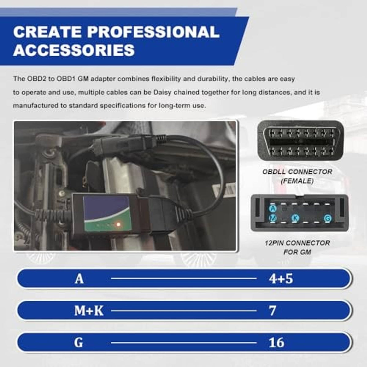 OBD scanner adapter cable with 12-pin connector and pin layout labels
