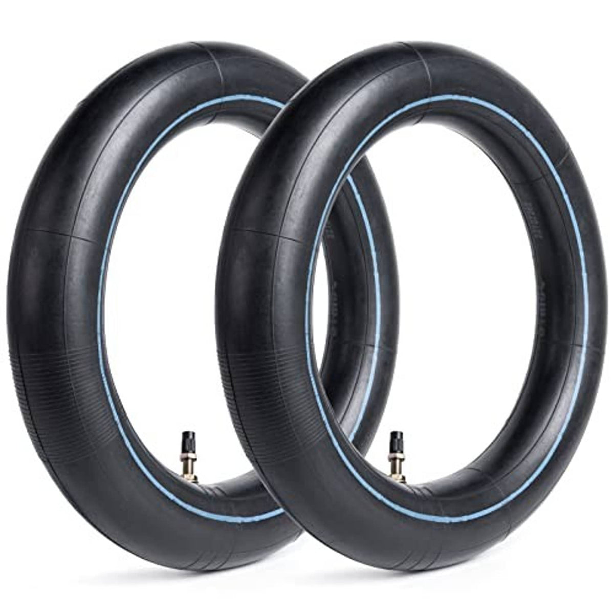 Two black dirt bike inner tubes with blue stripe and straight valve stem fittings