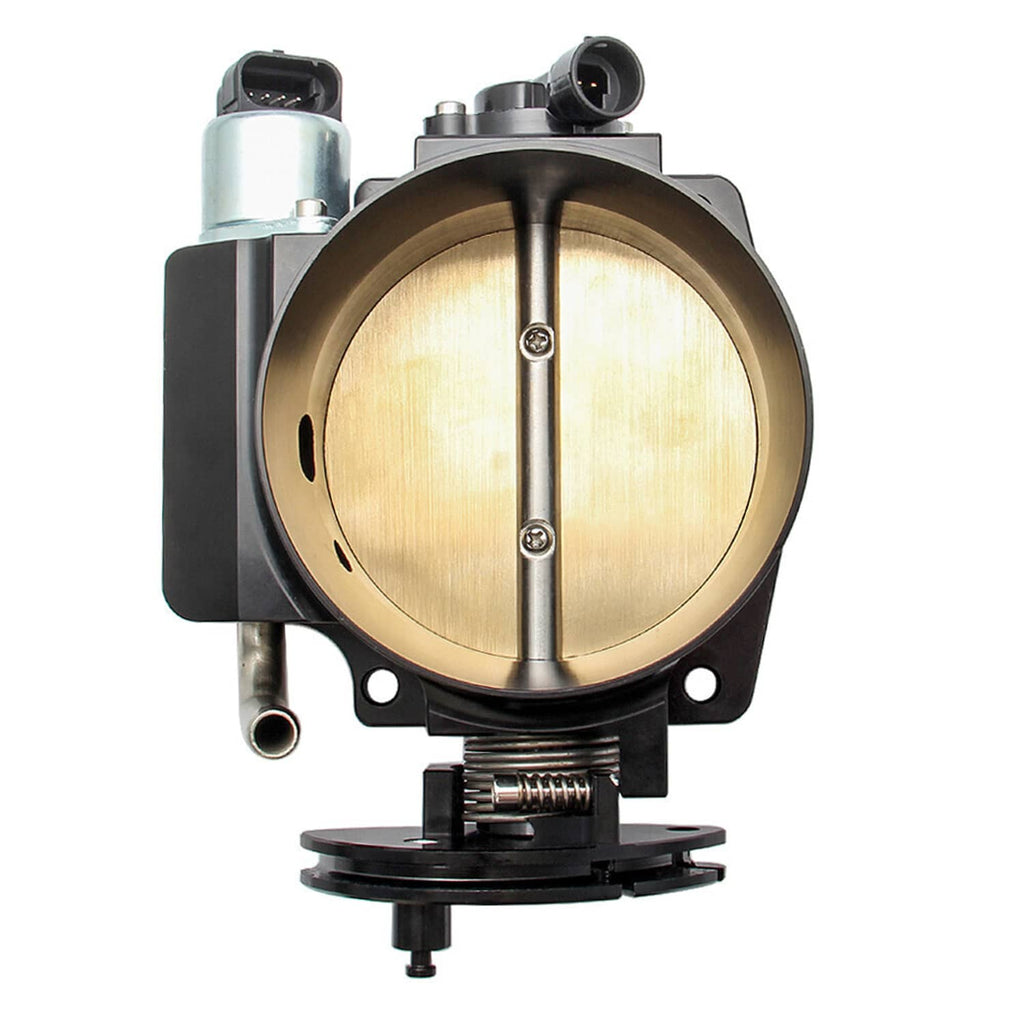 102mm aluminum throttle body with exposed circular gold bore and electrical connectors
