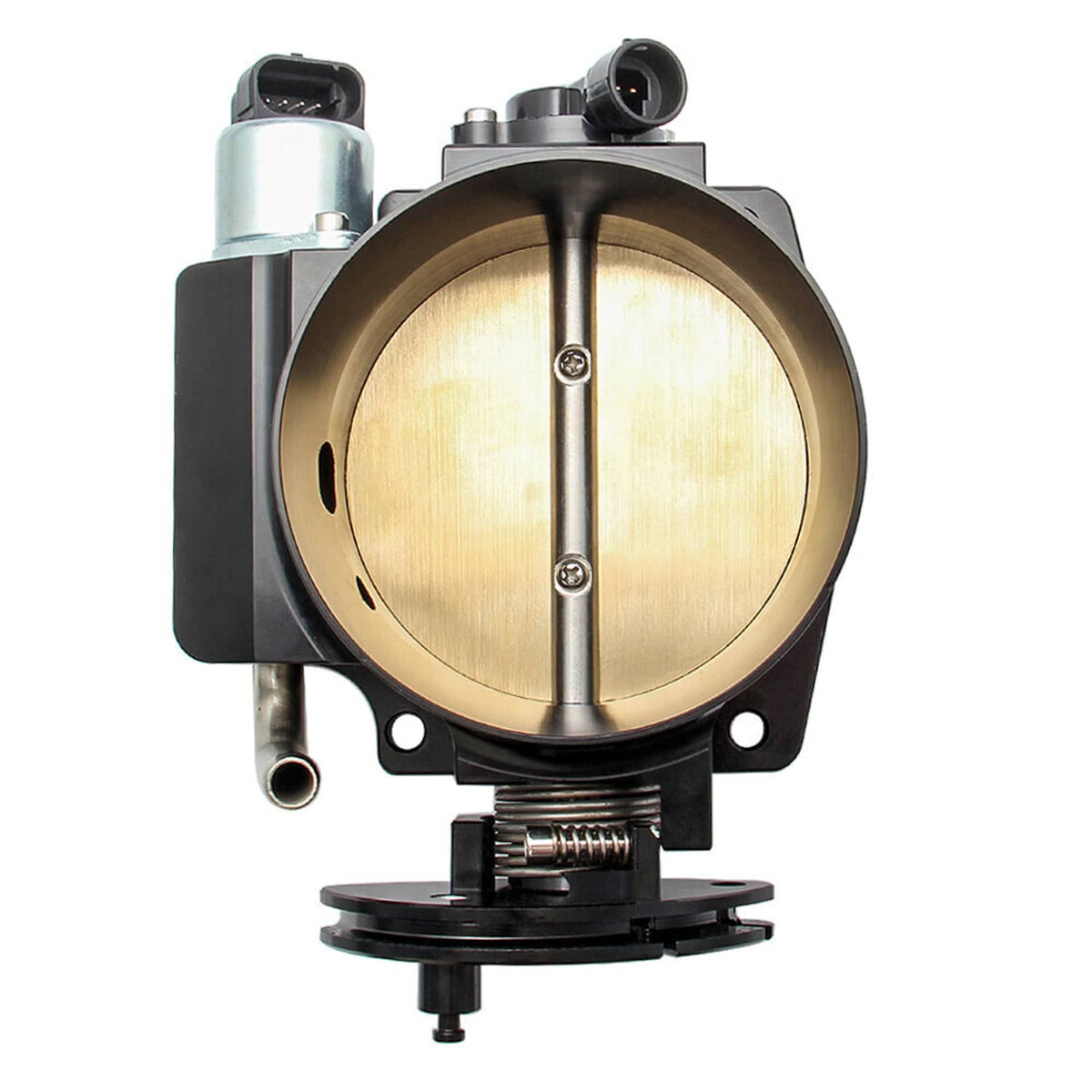 102mm aluminum throttle body with exposed circular gold bore and electrical connectors