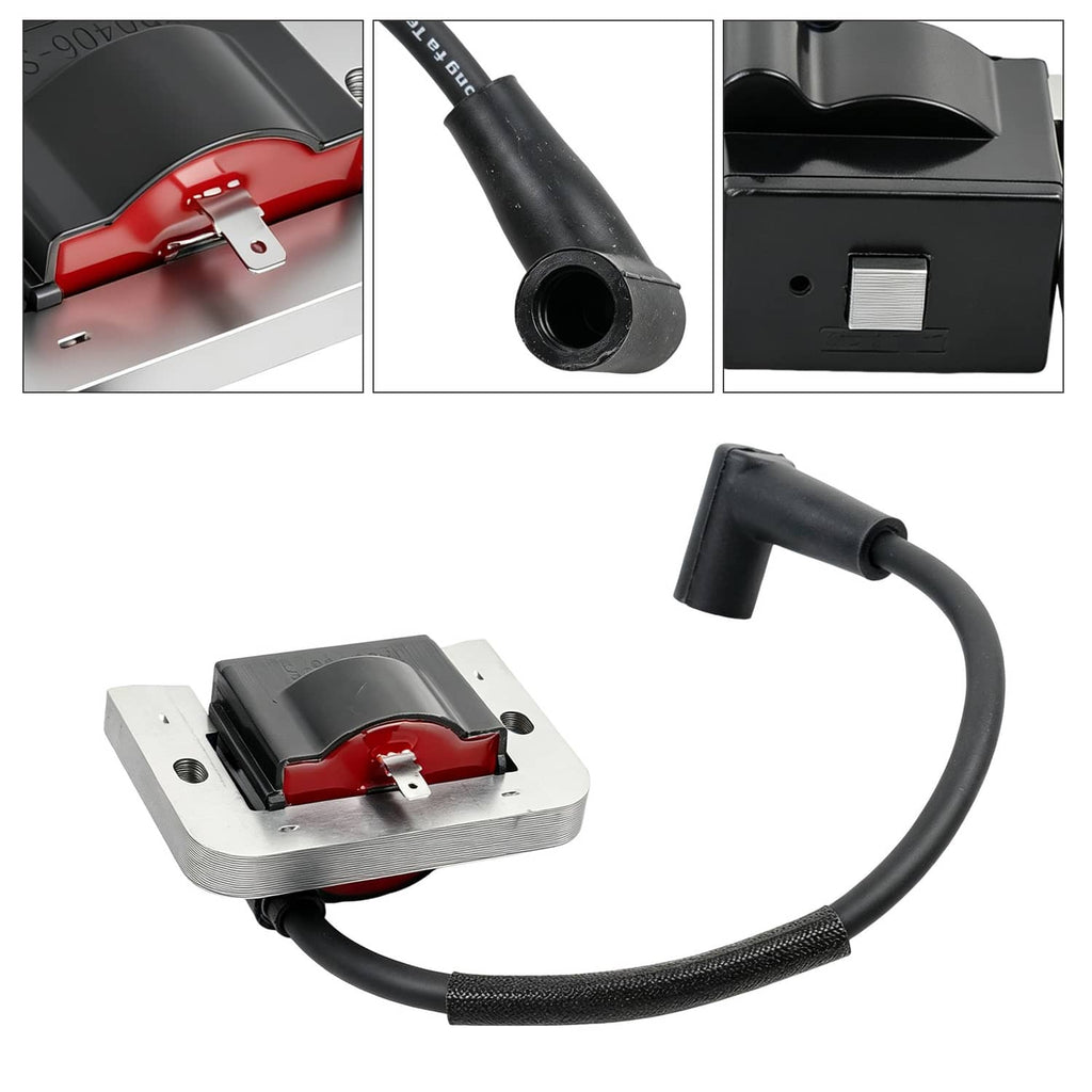 Ignition module with spark plug connector and black cable, square metal mounting plate