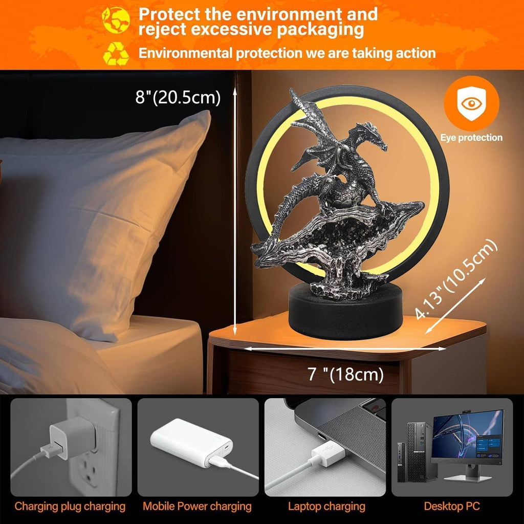 Dragon LED circle lamp with silver dragon figurine, warm halo glow ring, black base