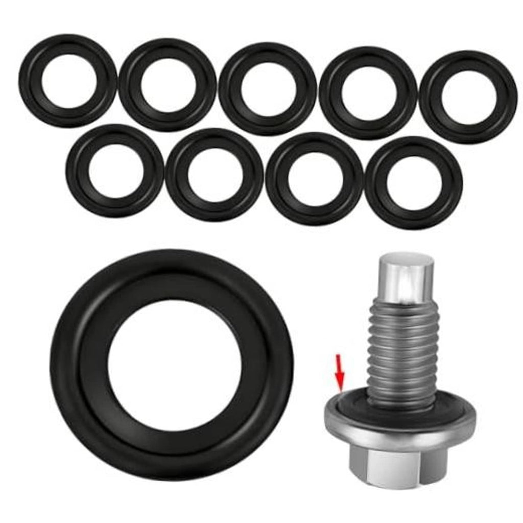 Set of black rubber oil drain plug sealing crush washers, M14 size, 10-pack