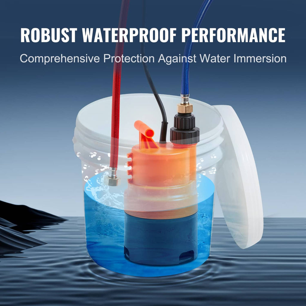 Orange pump with connected hose ends placed in water for descaling flushing