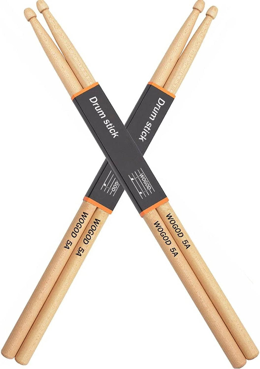 Maple drumsticks, two pairs; full view crossed with orange and black bands