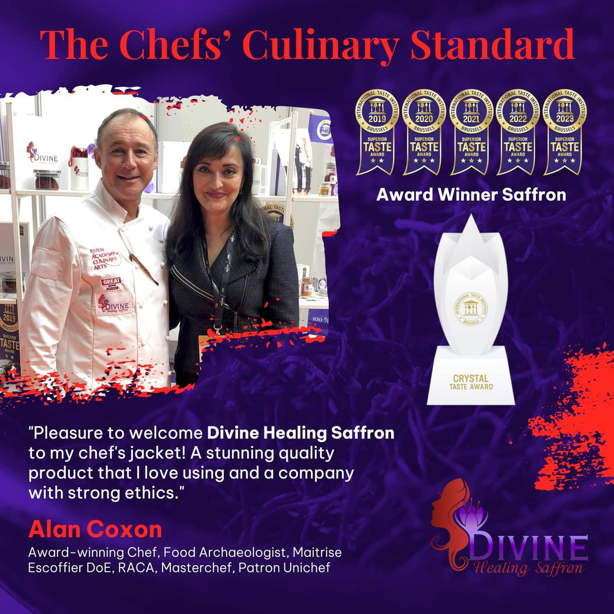 Divine Healing Saffron tin with award emblem, chefs pictured behind the product