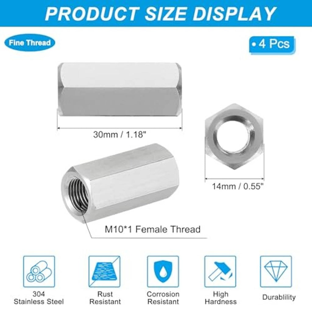 Stainless steel hex coupling nuts shown with product size diagram and internal threading