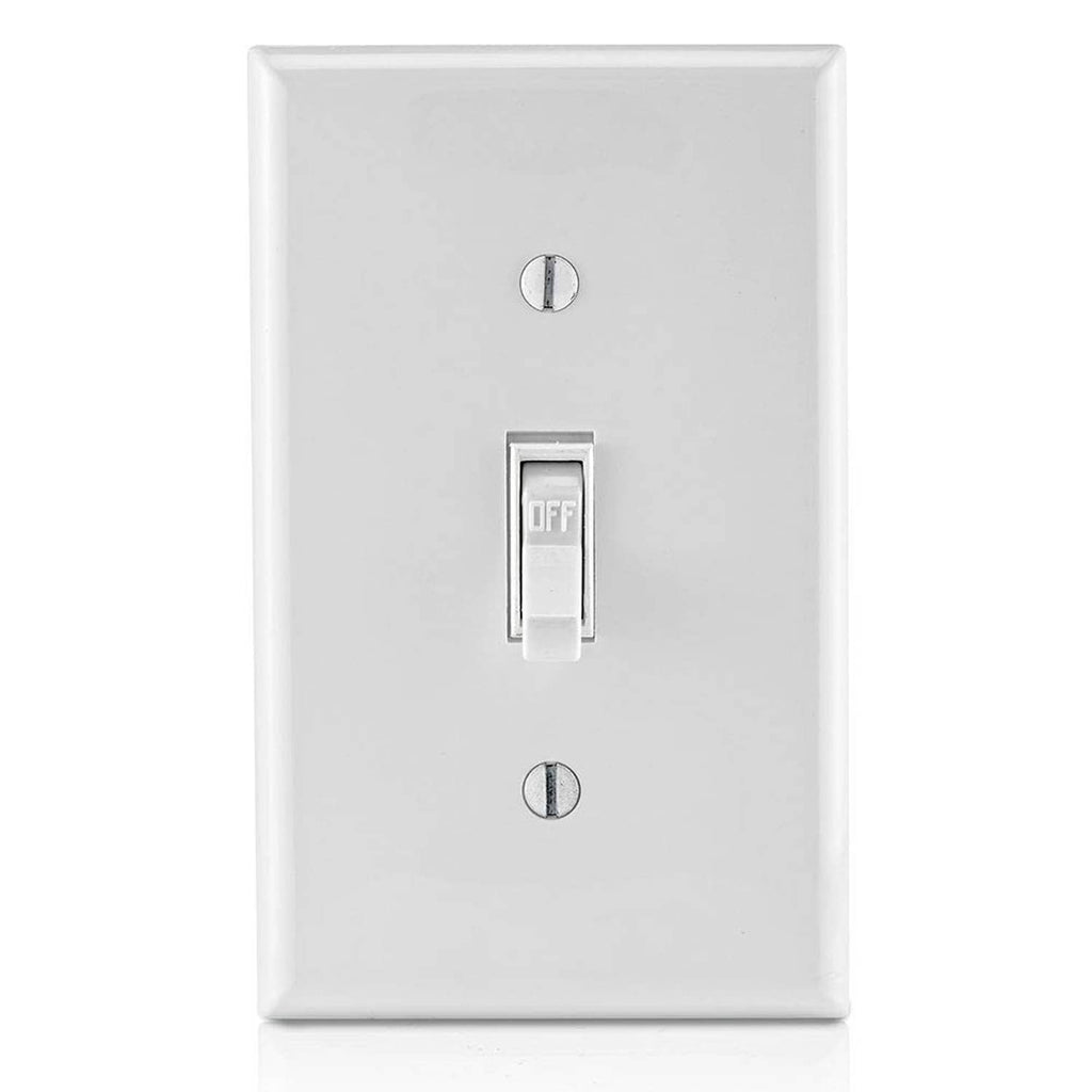 White single-pole AC toggle switch with OFF toggle on wall plate
