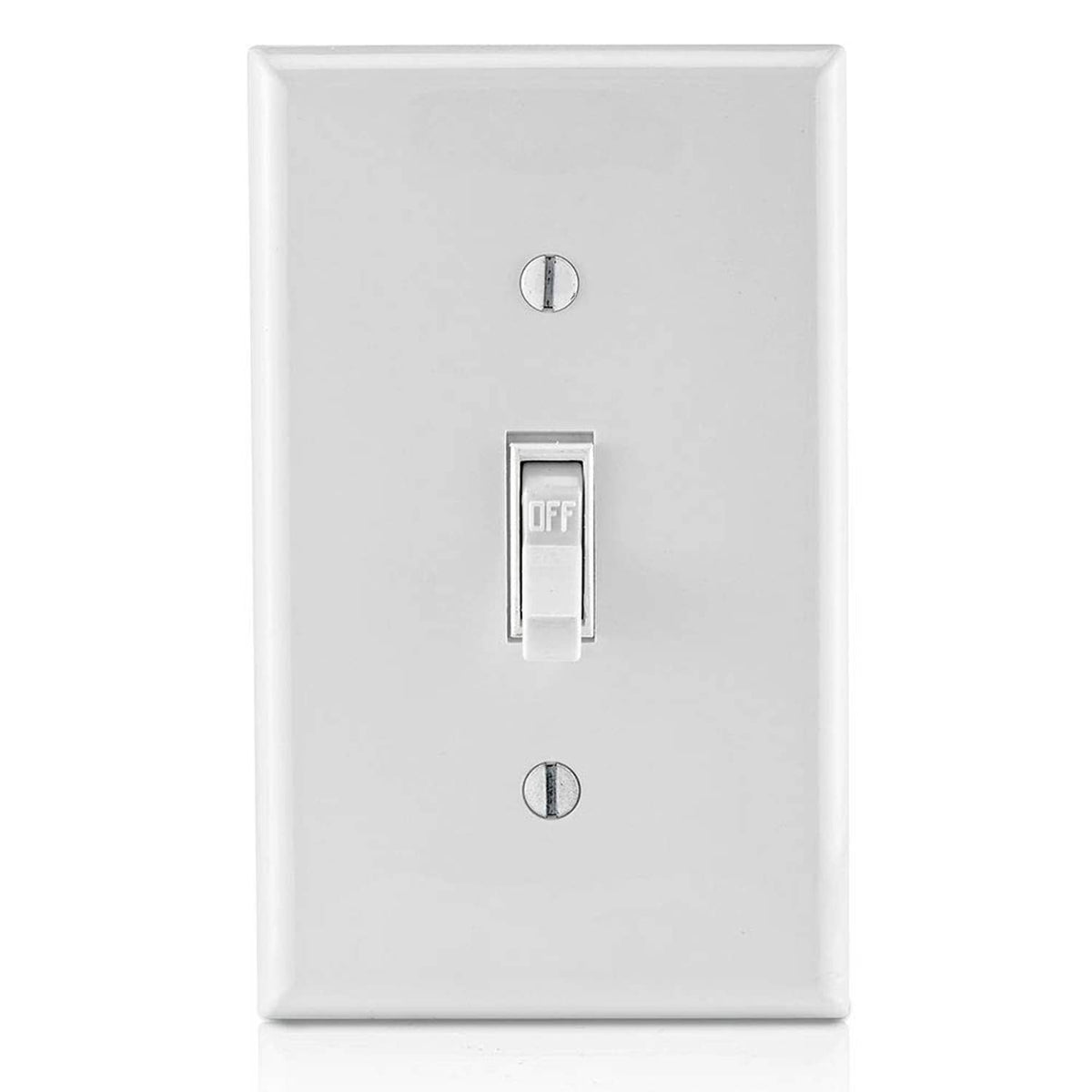 White single-pole AC toggle switch with OFF toggle on wall plate