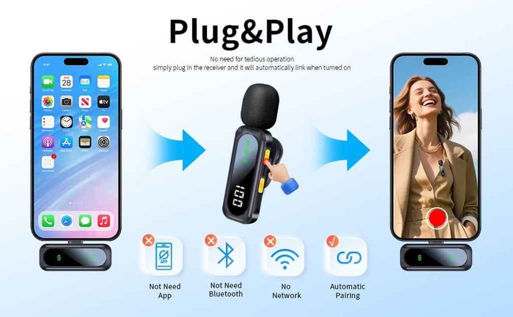 Black wireless lavalier microphone with LED display and charging case