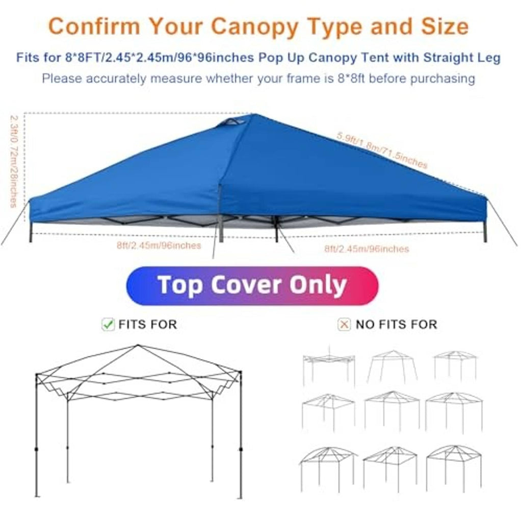 Blue 8x8 top cover only for pop-up canopy, with straight-leg fit dimensions