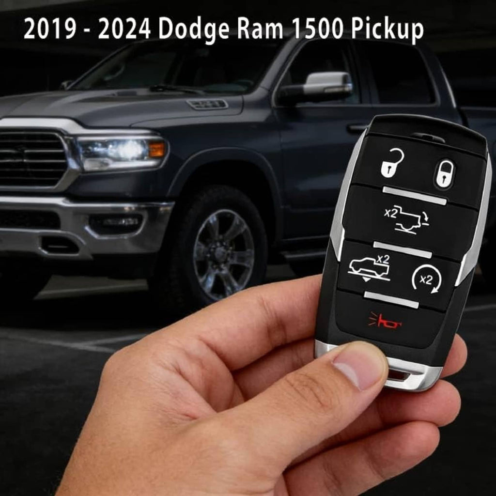 Hand holding black 6-button smart key fob with lock and remote start icons