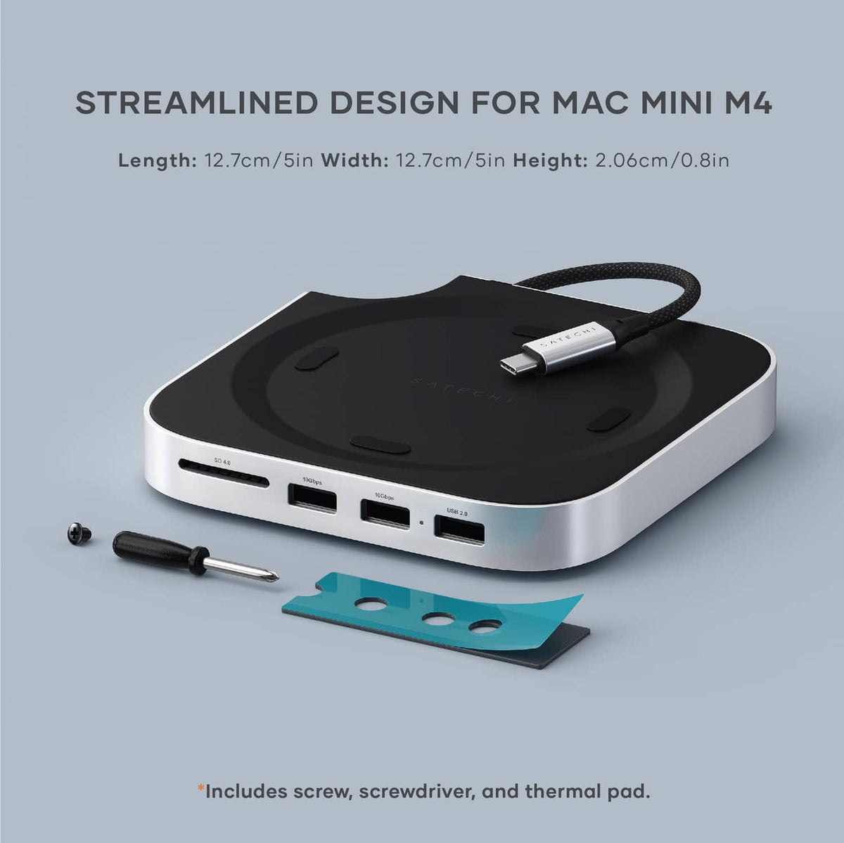 Silver docking hub with cable connected to black top stand and mounting kit