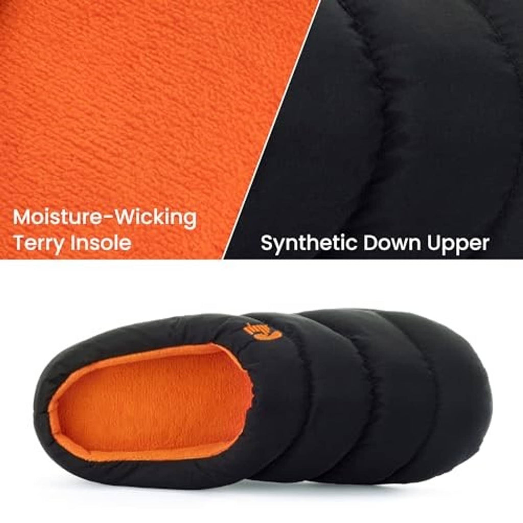 Black puffer slipper with orange insole lining and quilted upper