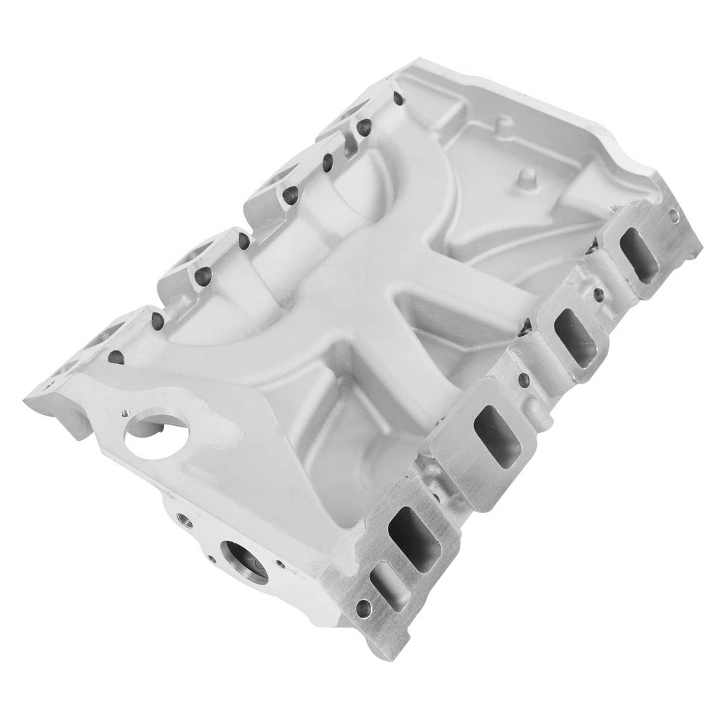 Aluminum intake manifold angled view with runner channels and bolt mounting holes