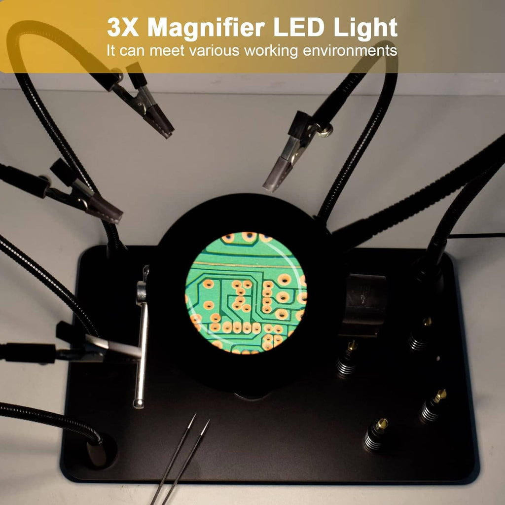 Magnetic soldering third hand with 3x magnifier LED over a PCB and soldering tips