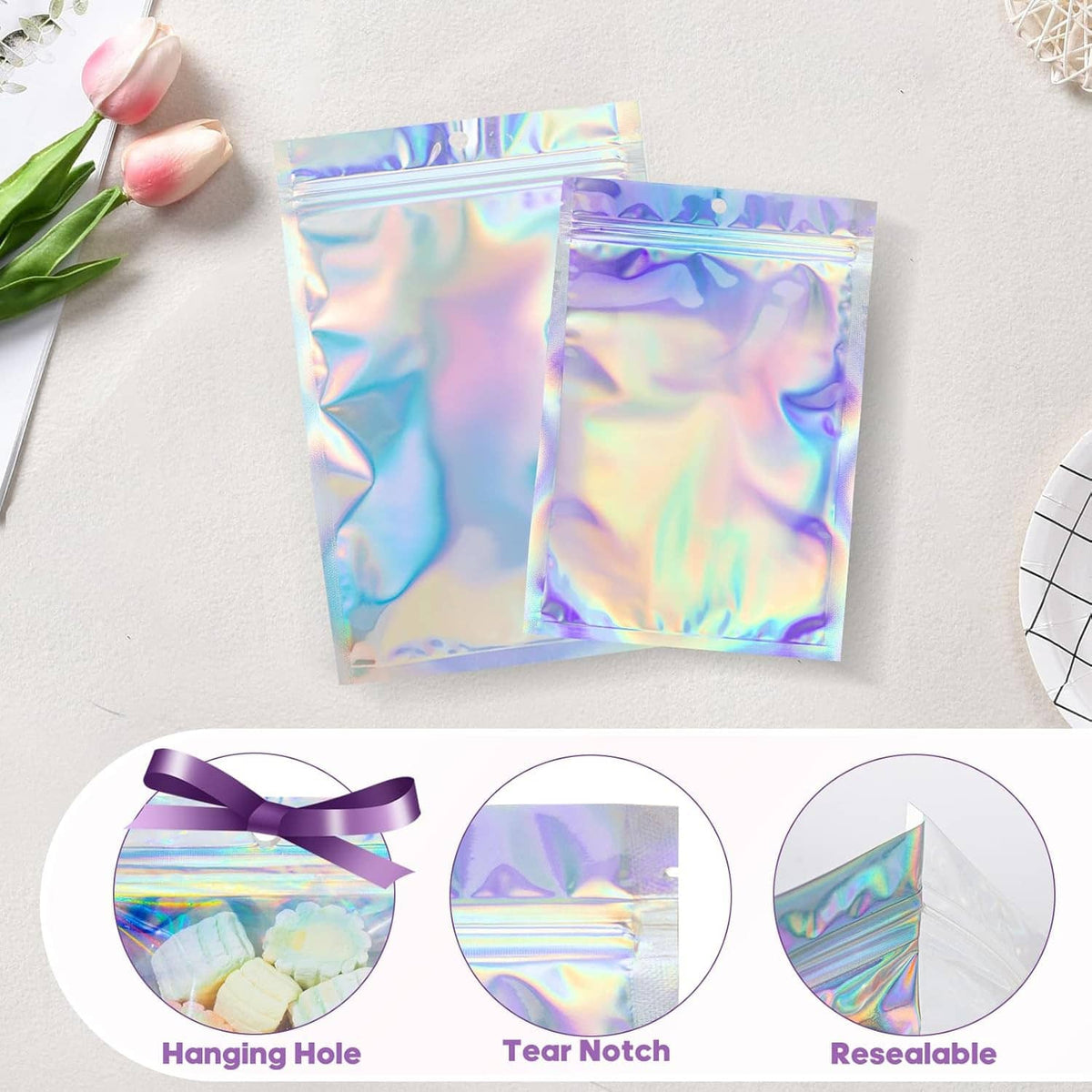 Holographic resealable foil pouch bags with hanging hole and tear notch design