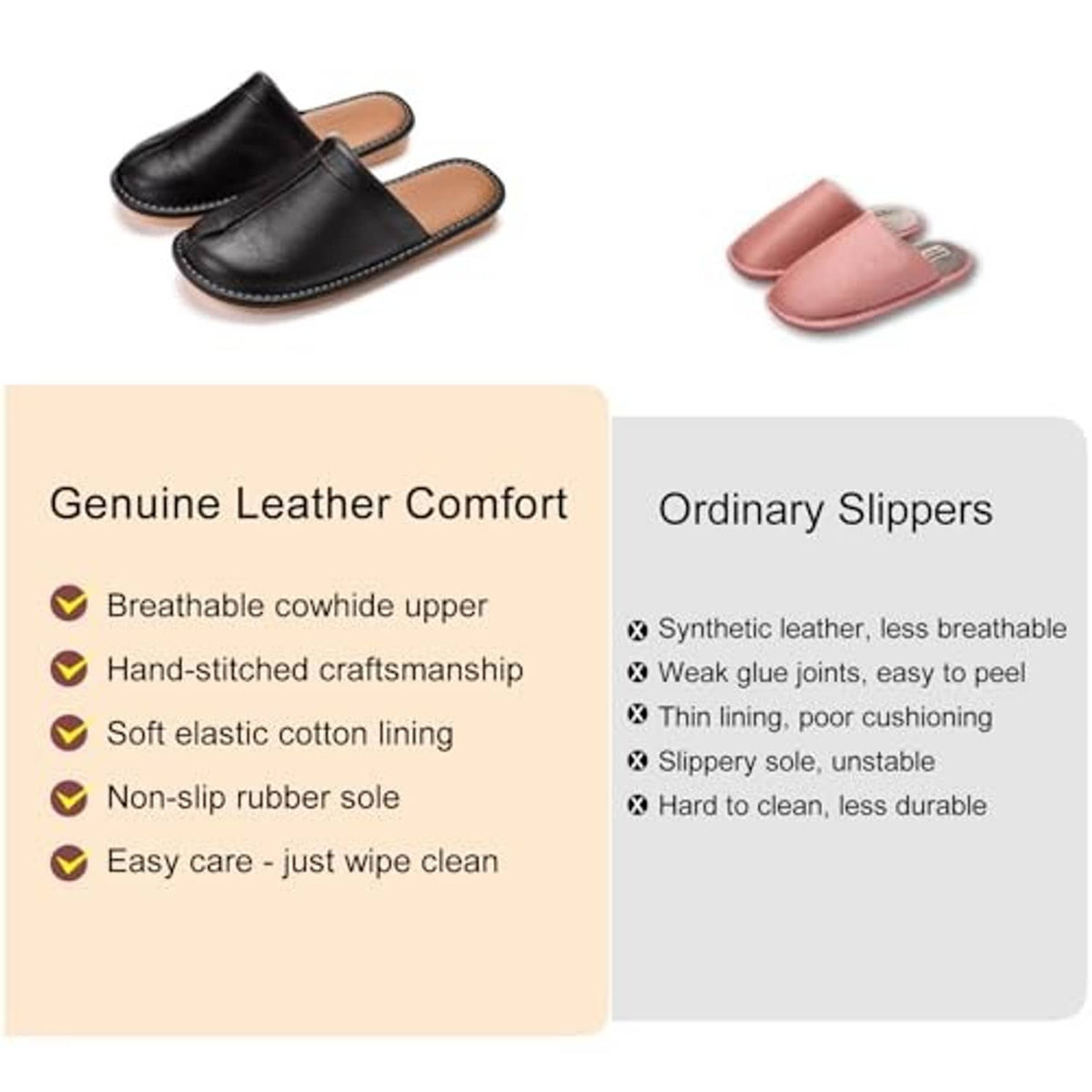 Black leather slip-on slippers with stitched trim and rubber soles, plus pink pair