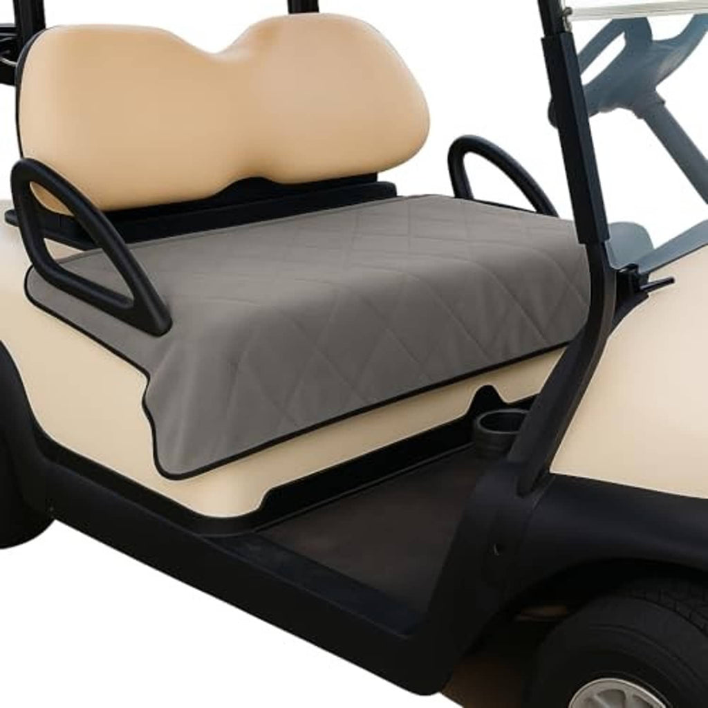 Gray quilted golf cart seat cover blanket, rounded seat shape, black trim