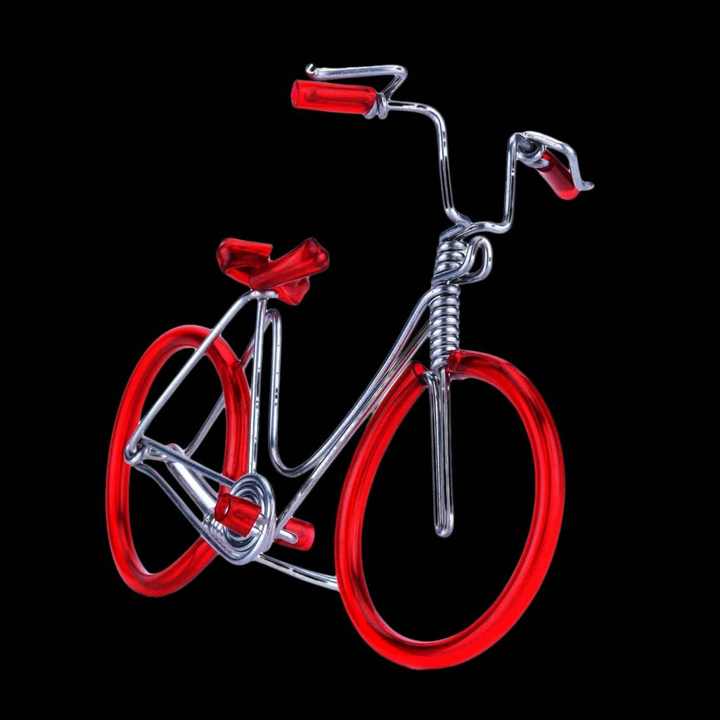 Wire bicycle ornament with red wheel and silver frame, spring-like coil details