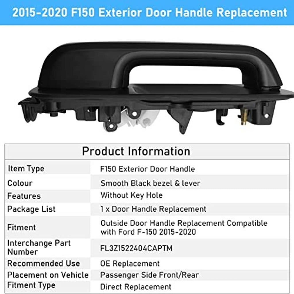 Black exterior door handle replacement for F150, smooth bezel and curved lever
