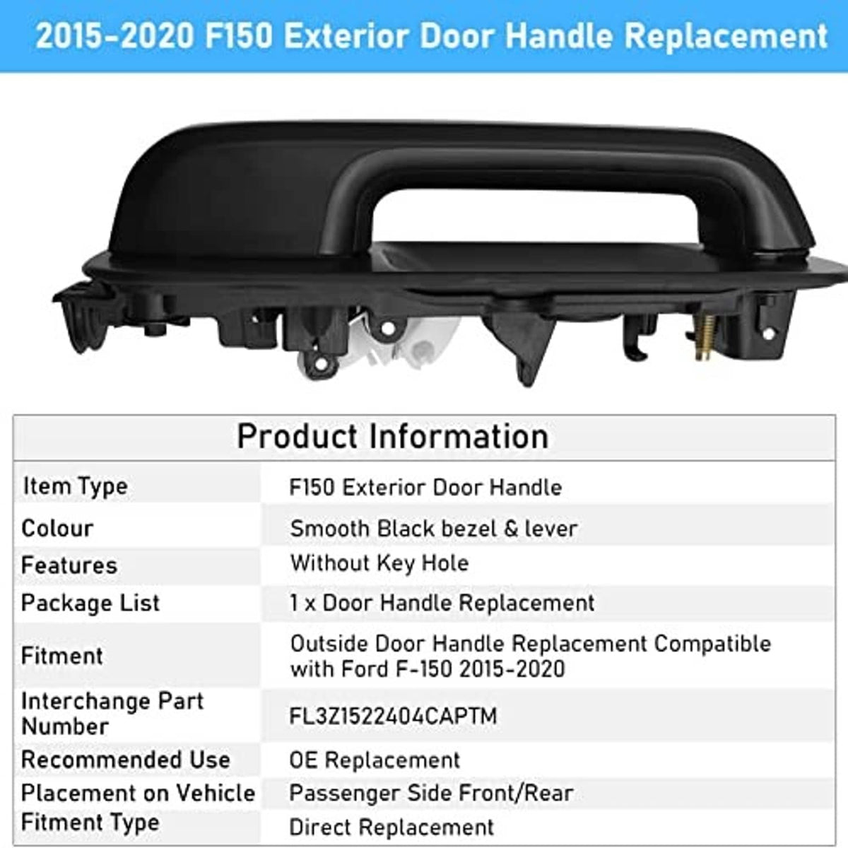 Black exterior door handle replacement for F150, smooth bezel and curved lever