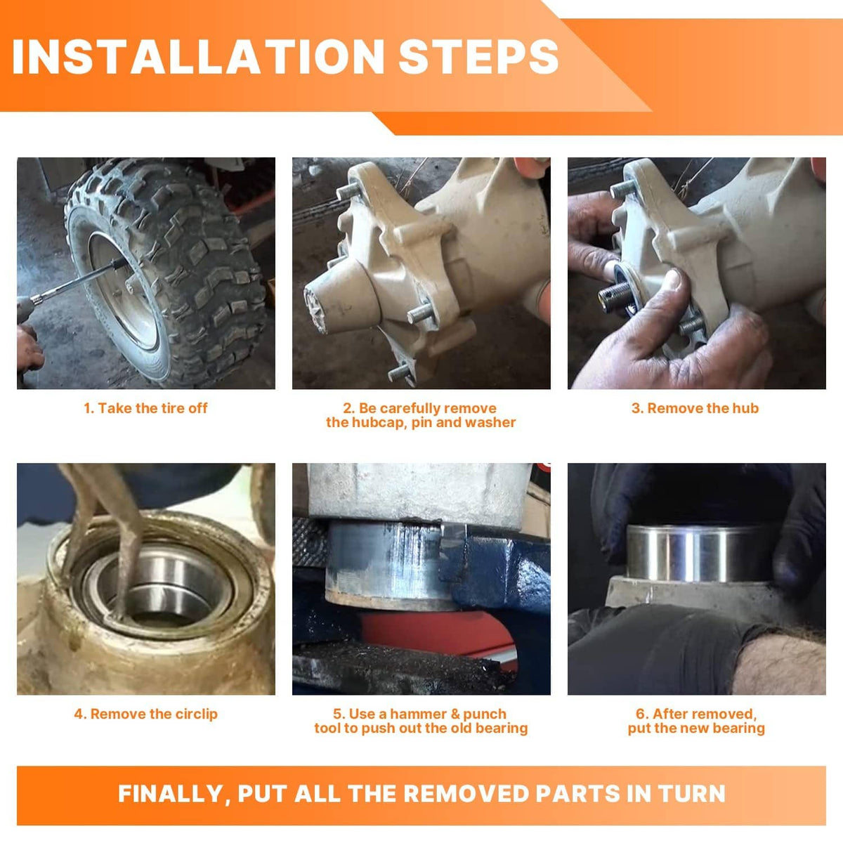 Wheel bearing installation steps illustration with hub removal and circlip fitting