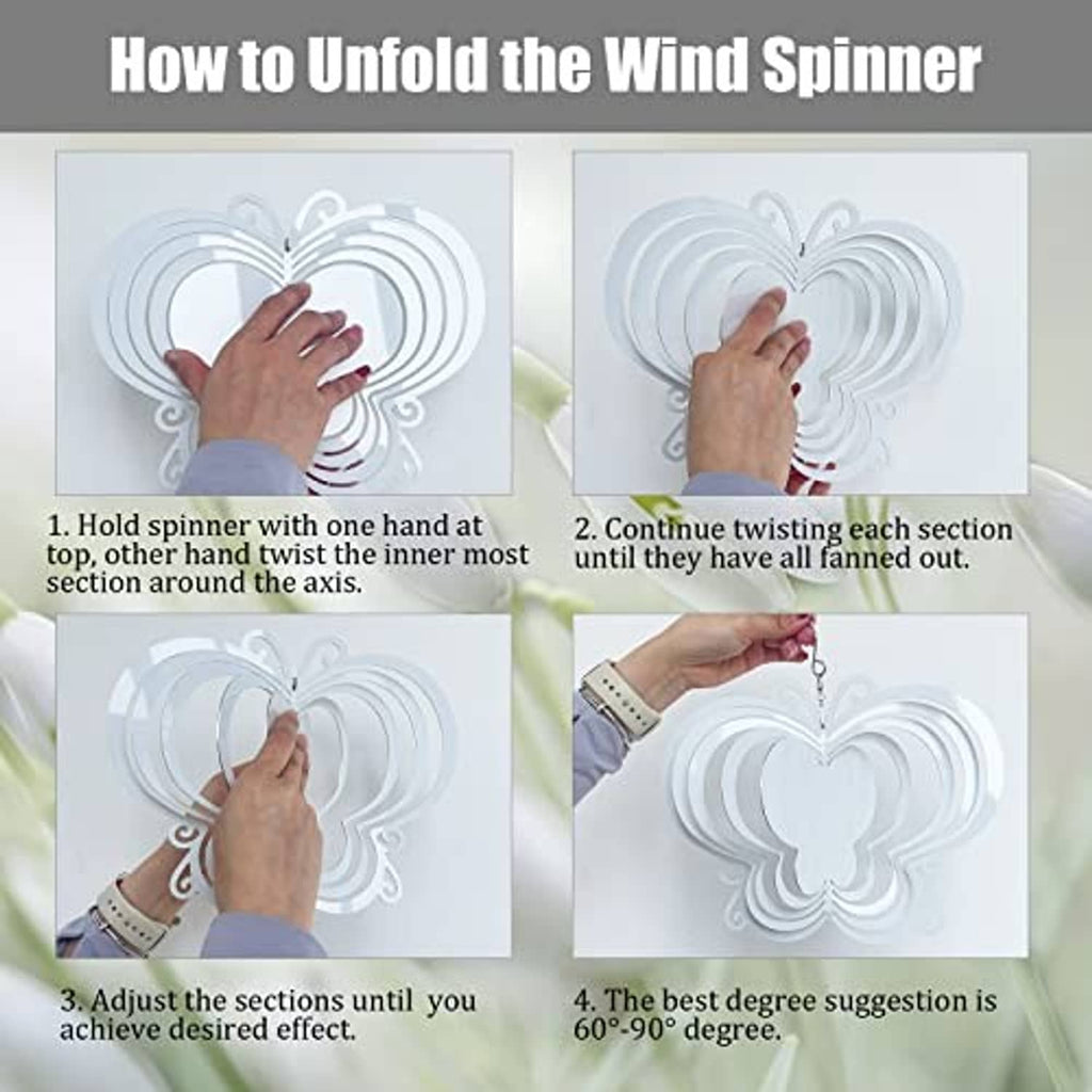 How-to unfold 8-inch butterfly wind spinner blanks, showing folding and fanning steps