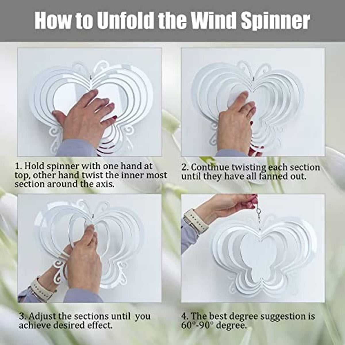 How-to unfold 8-inch butterfly wind spinner blanks, showing folding and fanning steps