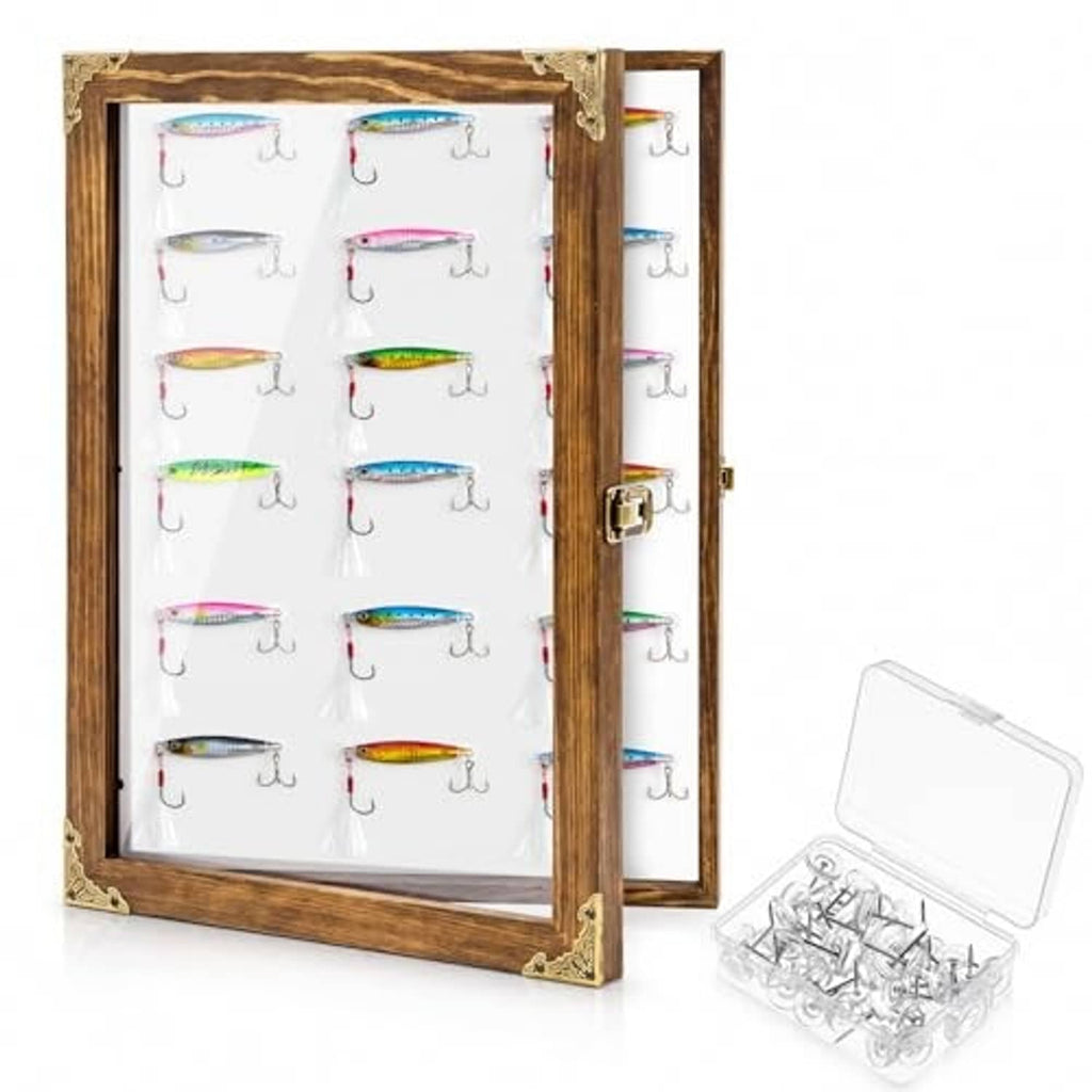 Fishing lure display cabinet with rustic wood frame, clear front window, and side latch view
