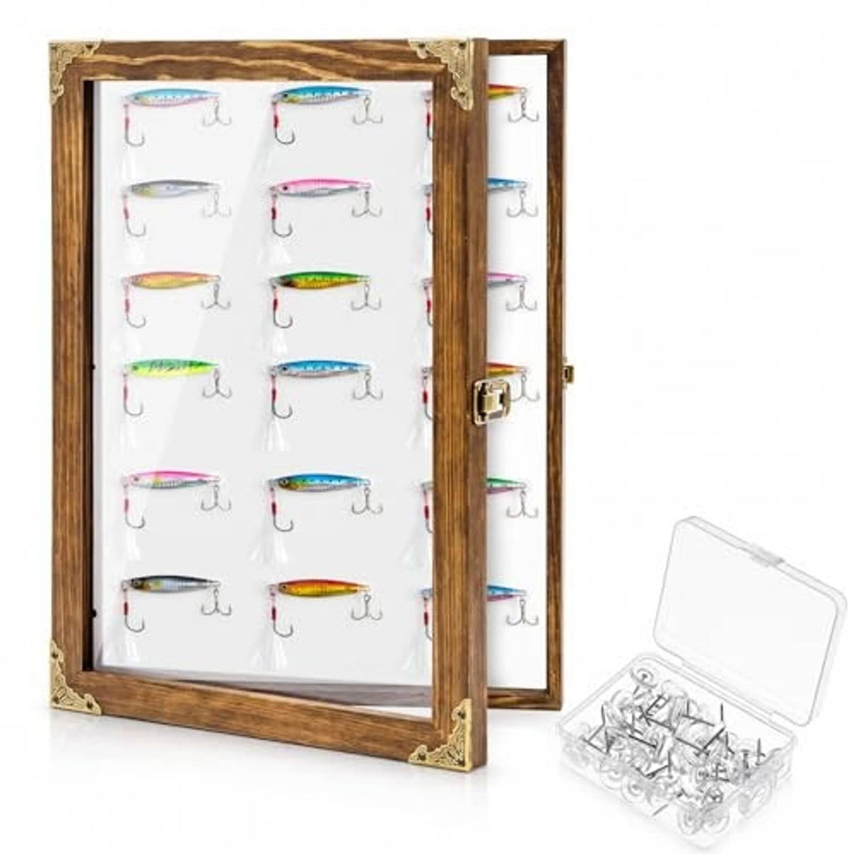 Fishing lure display cabinet with rustic wood frame, clear front window, and side latch view