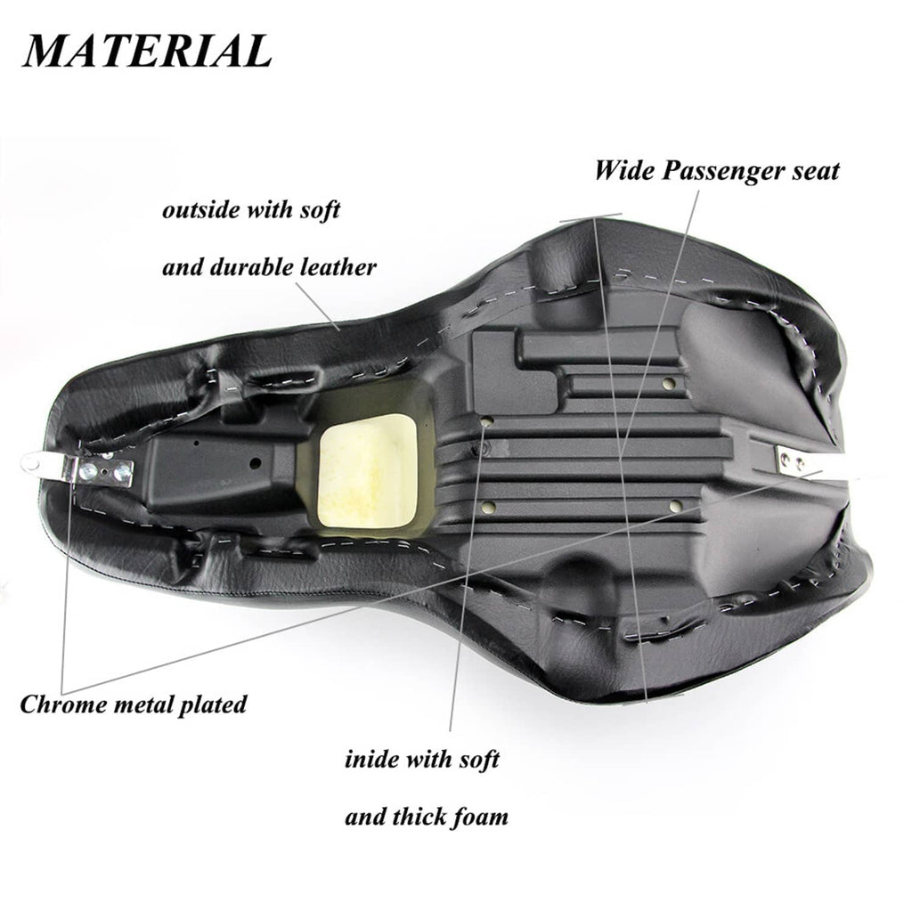 Underside of black wide passenger seat with mounting hardware and padded base