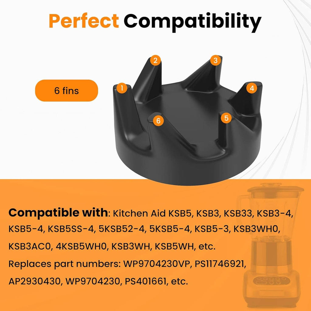 Black blender drive coupler with 6 fins and silver threaded metal insert