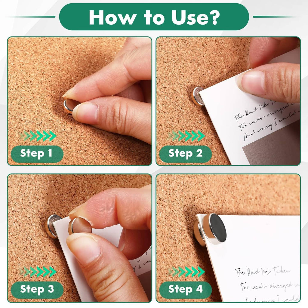Magnetic push pins attaching paper and cards to a cork bulletin board during use