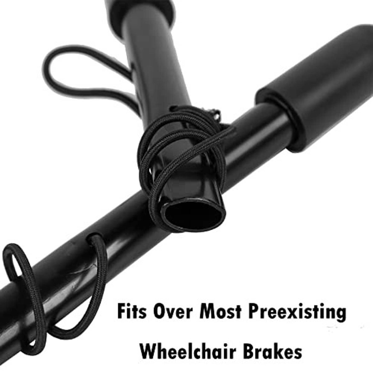Wheelchair brake handle extension pair with black rubber ends and braided strap ties
