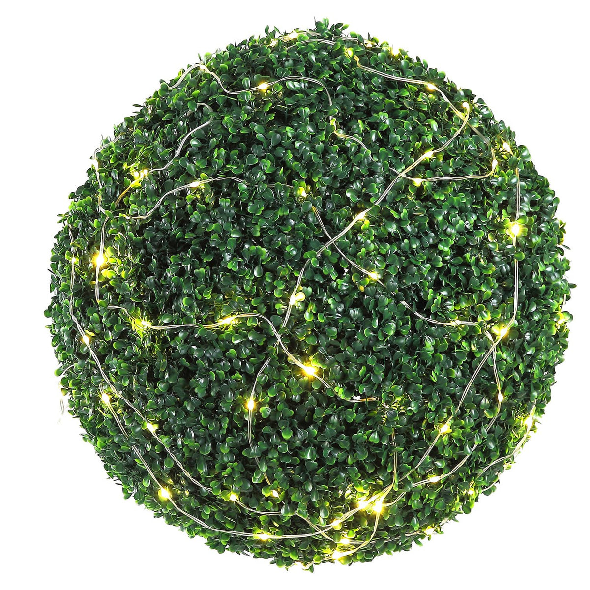 Artificial green topiary ball wrapped with warm white string lights, faux plant