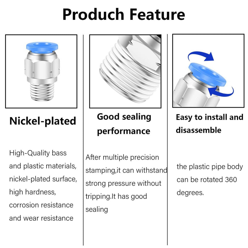 Nickel-plated push-to-connect air fitting with blue push ring and sealing design