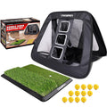 Black double-sided chipping net with practice mat and set of yellow golf balls