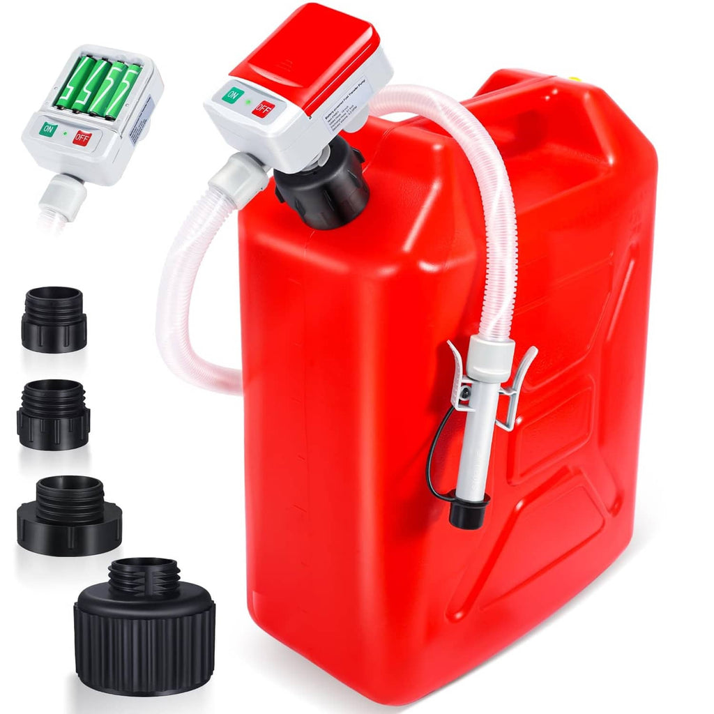 Red fuel transfer pump with nozzle, yellow hose, and auto-stop sensor body