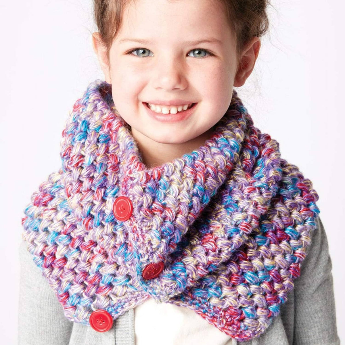 Chunky multicolor knit baby cowl with button accents and textured stitches